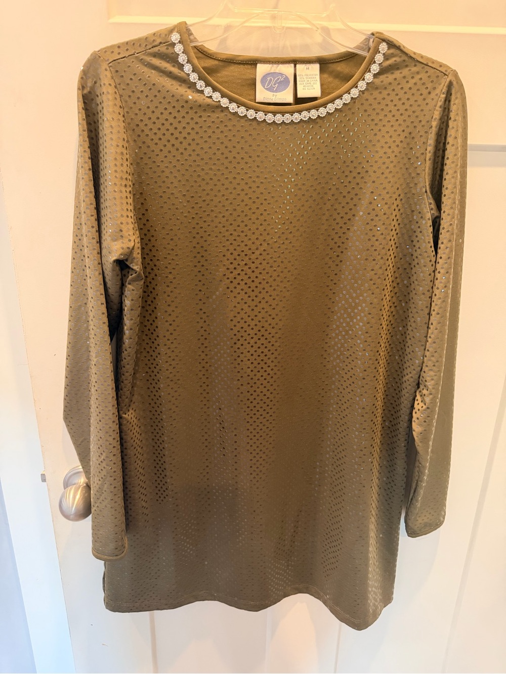 DG2 Diane Gilman Medium Olive Rhinestone Metallic Dot Long Sleeve Dress